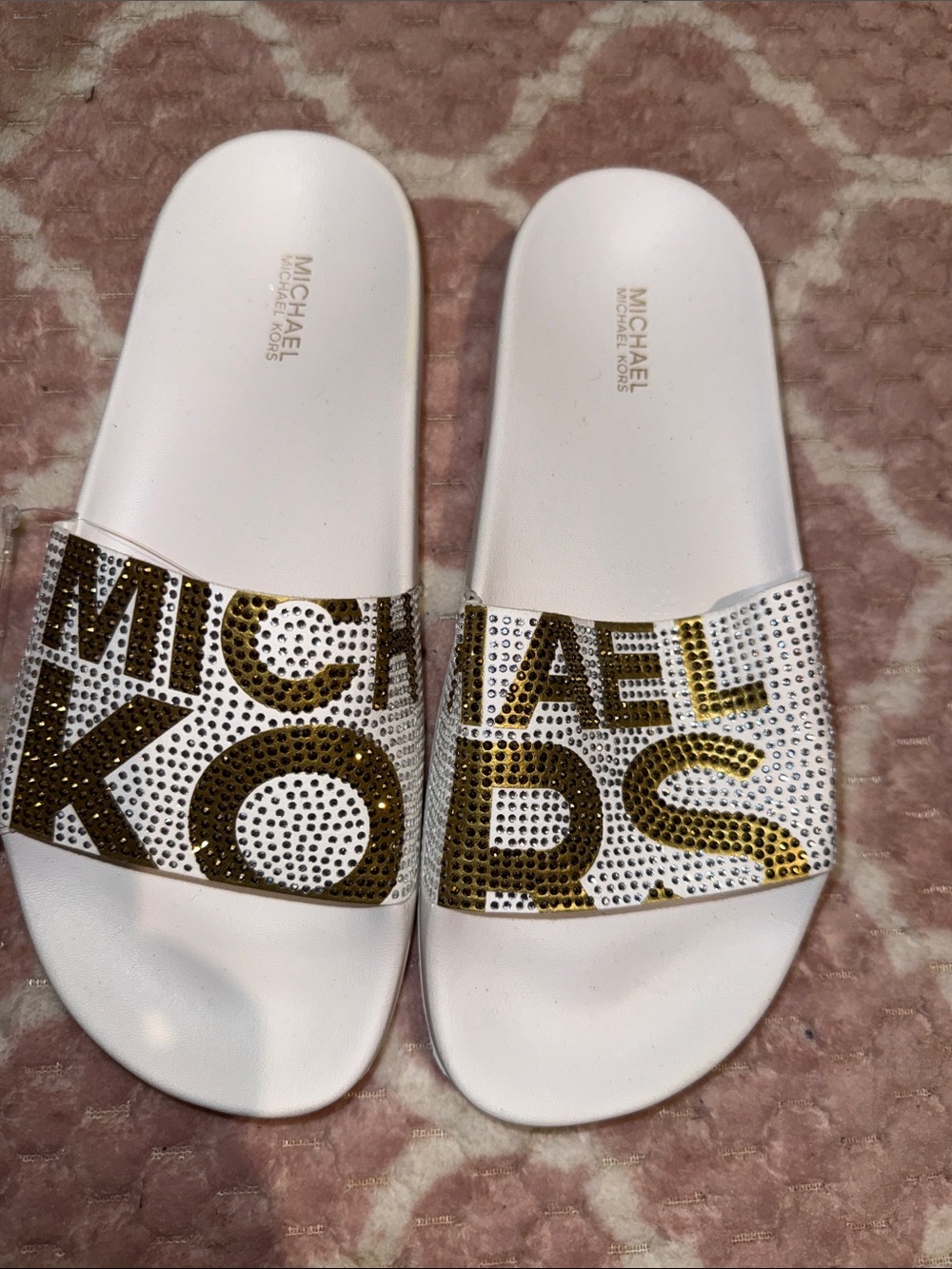 Michael Kors White Slide Sandals with Gold Logo Rhinestones